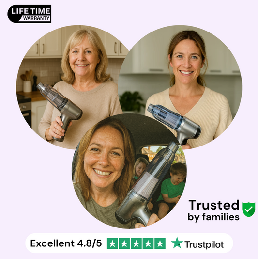 Three women using the GT40 Pro handheld vacuum at home, with a Trustpilot Excellent 4.8 rating