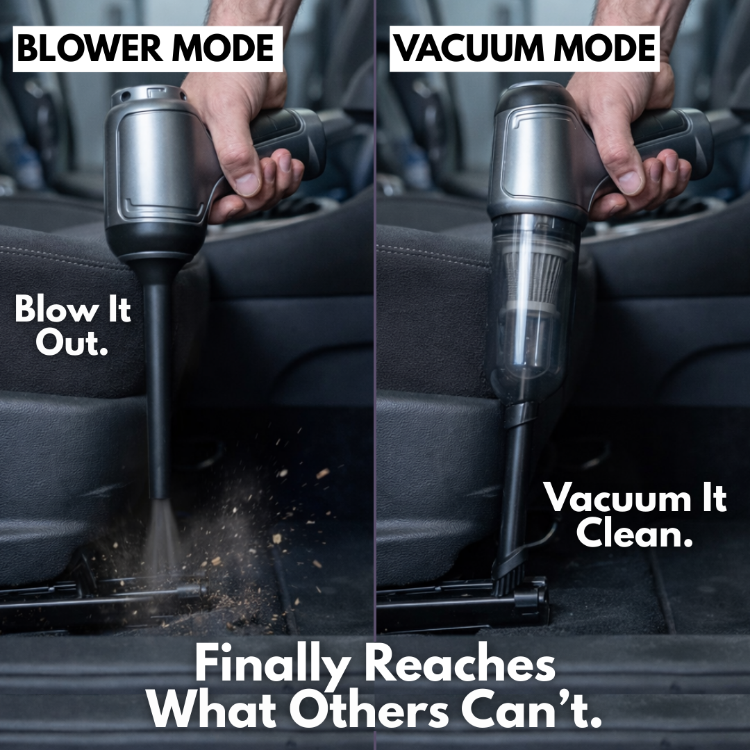 GT40 Pro blowing dust out of a car footwell, then vacuuming it up