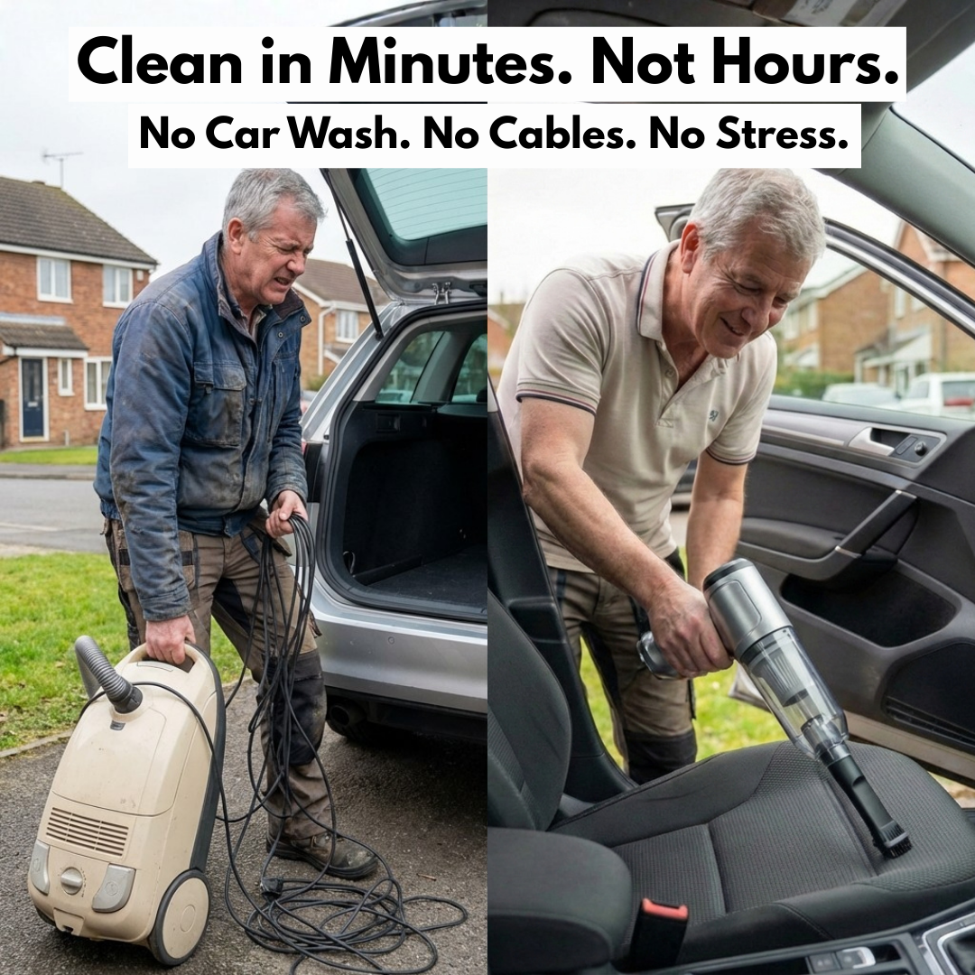 Man dragging a corded vacuum to his car next to a man cleaning his car seat with a cordless handheld vacuum