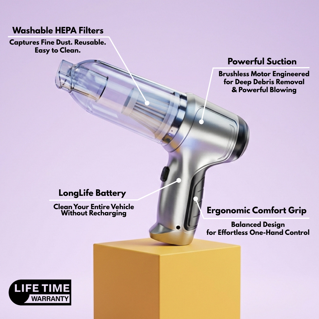GT40 Pro cordless car vacuum labelled with its washable HEPA filters, brushless motor, long-life battery and ergonomic grip