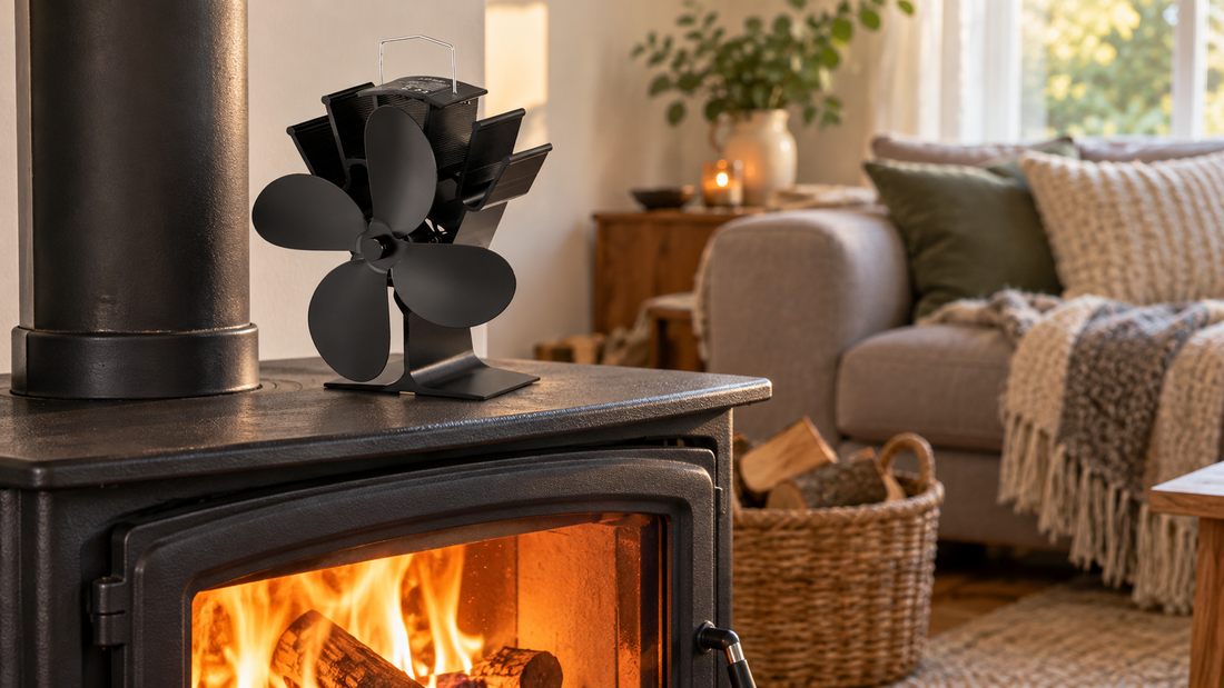 FireMate heat-powered stove fan standing on a lit log burner in a cosy living room