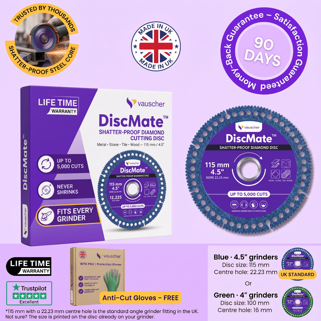 DiscMate box and blue 115 mm diamond cutting disc, with the 115 mm and 100 mm sizes and their bores