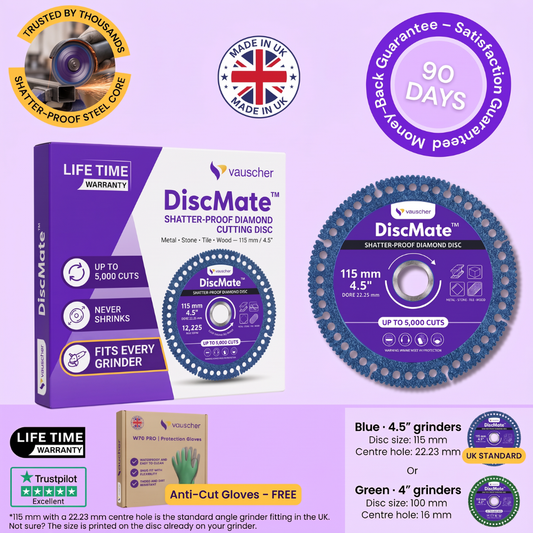 DiscMate box and blue 115 mm diamond cutting disc, with the 115 mm and 100 mm sizes and their bores