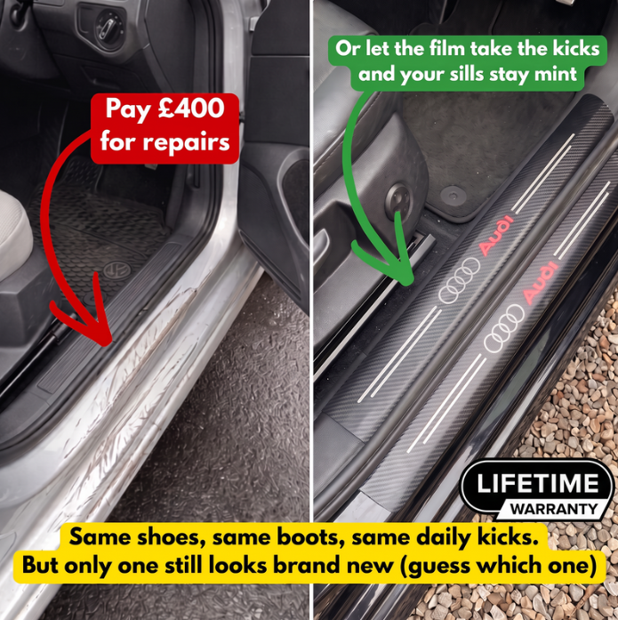 Scuffed car door sill compared with a black car sill kept clean by CarbonGrip PRO protectors with Audi logo