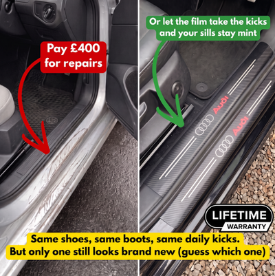 Scuffed car door sill compared with a black car sill kept clean by CarbonGrip PRO protectors with Audi logo