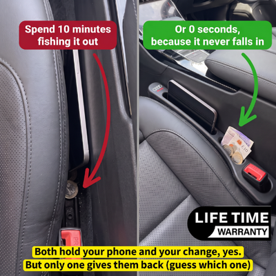 Phone lost down a car seat gap compared with GapBlock PRO keeping a phone and change within easy reach