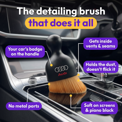 Labelled diagram of the DustMate car detailing brush with the Audi logo engraved on the handle, over a car centre console