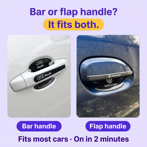 HandGrip PRO protectors fitted on a bar door handle with Audi logo and on a flap handle with Volkswagen logo