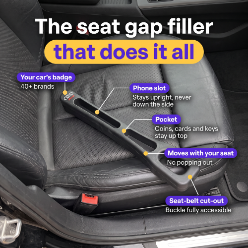 GapBlock PRO on a black car seat with its features labelled: car badge, phone slot, pocket and seat belt cut-out