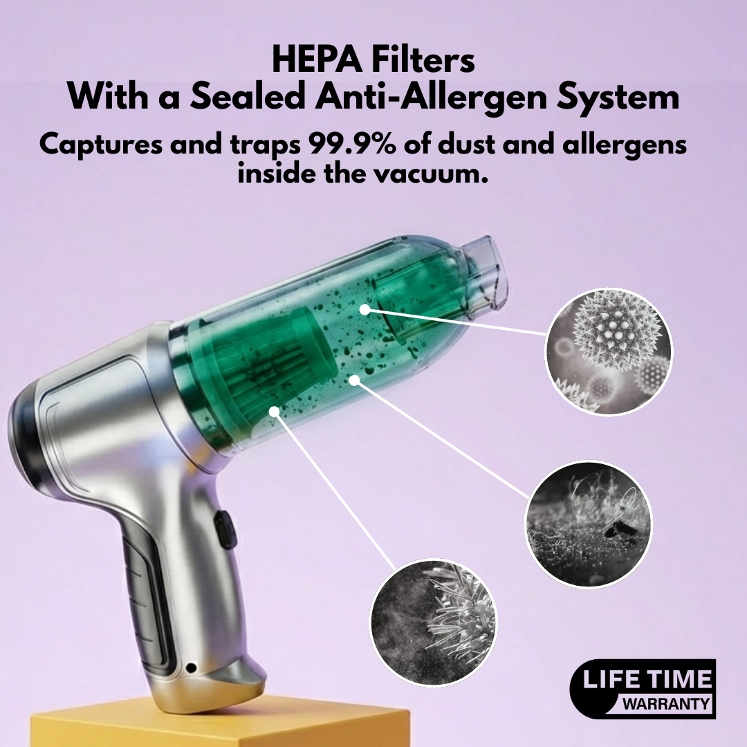 GT40 Pro HEPA filter system, labelled captures and traps 99.9% of dust and allergens
