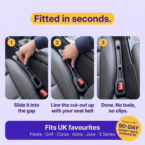 Three steps to fit GapBlock PRO: slide it into the seat gap, line up the seat belt cut-out, done with no tools