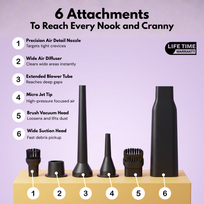 The 6 GT40 Pro attachments, from the precision air nozzle to the wide suction head