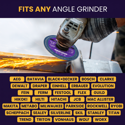 DiscMate diamond disc on an angle grinder cutting a steel tube, with sparks