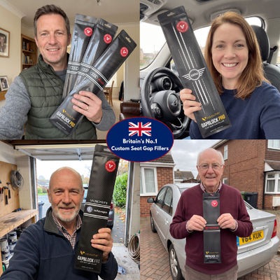 Four people holding GapBlock PRO packs at home and in their cars, labelled Britain's No.1 custom seat gap fillers