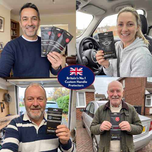 Four people holding HandGrip PRO packs at home and in their cars, labelled Britain's No.1 custom handle protectors