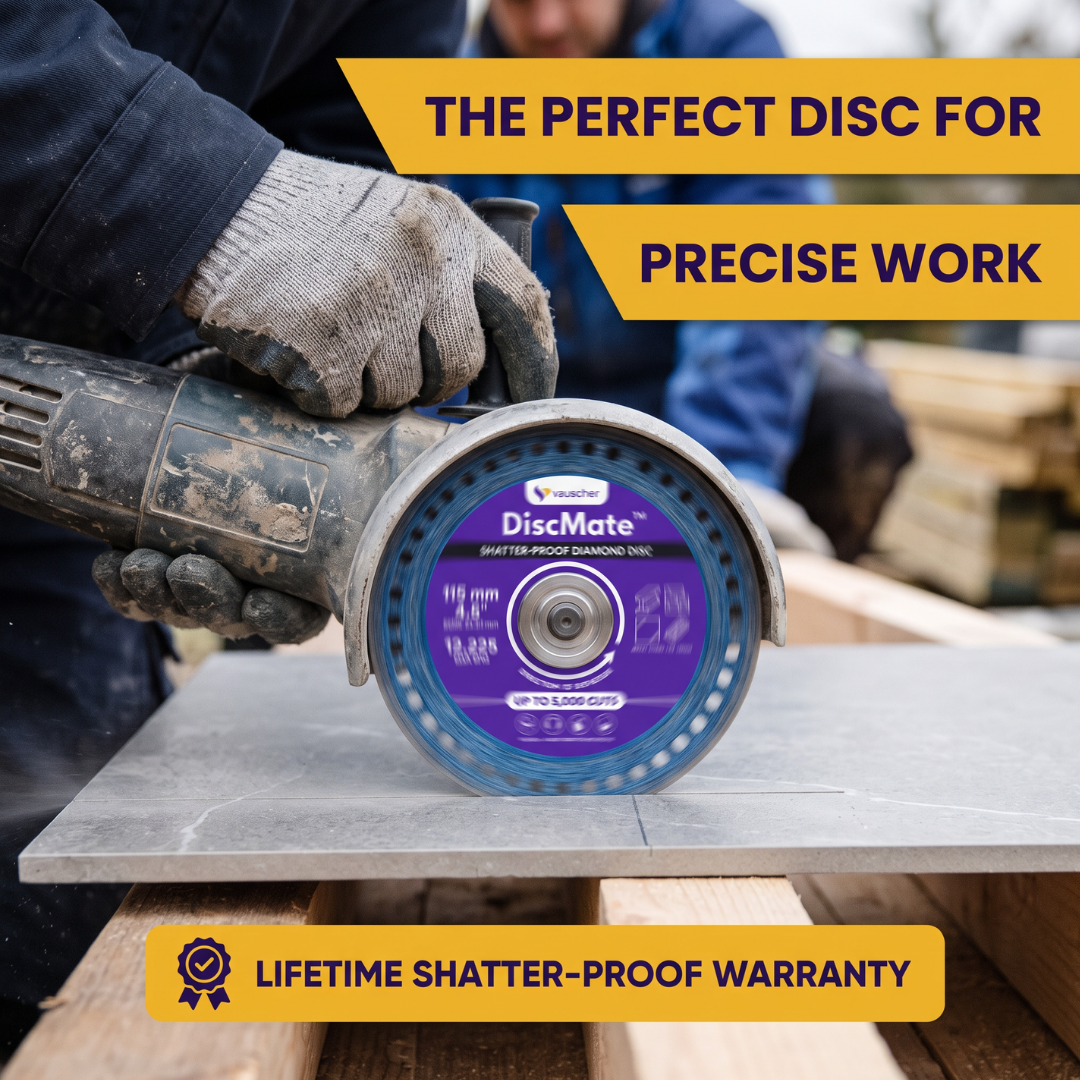 Gloved hands guiding an angle grinder fitted with a DiscMate disc for a precise cut