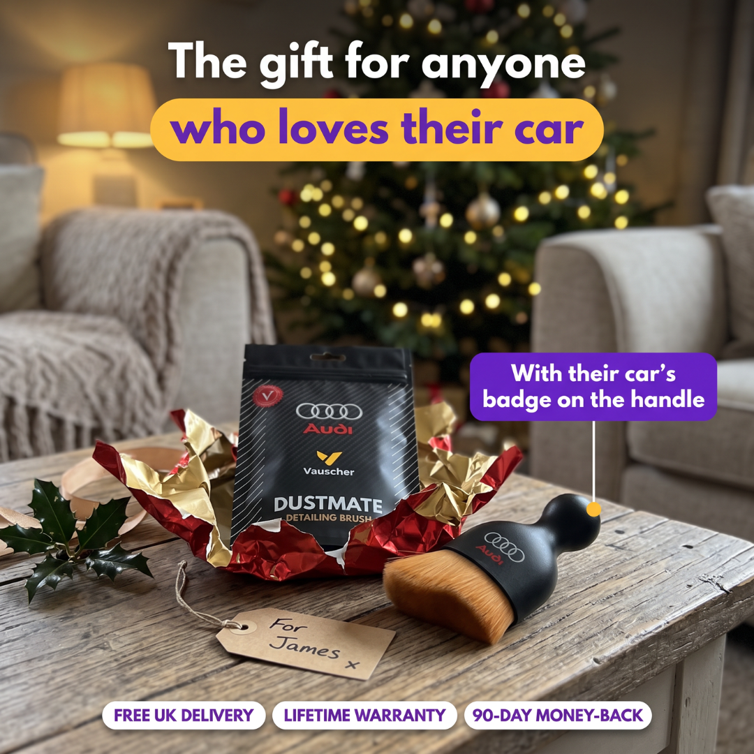 DustMate car detailing brush and its black pouch wrapped as a Christmas gift, Audi logo engraved on the handle