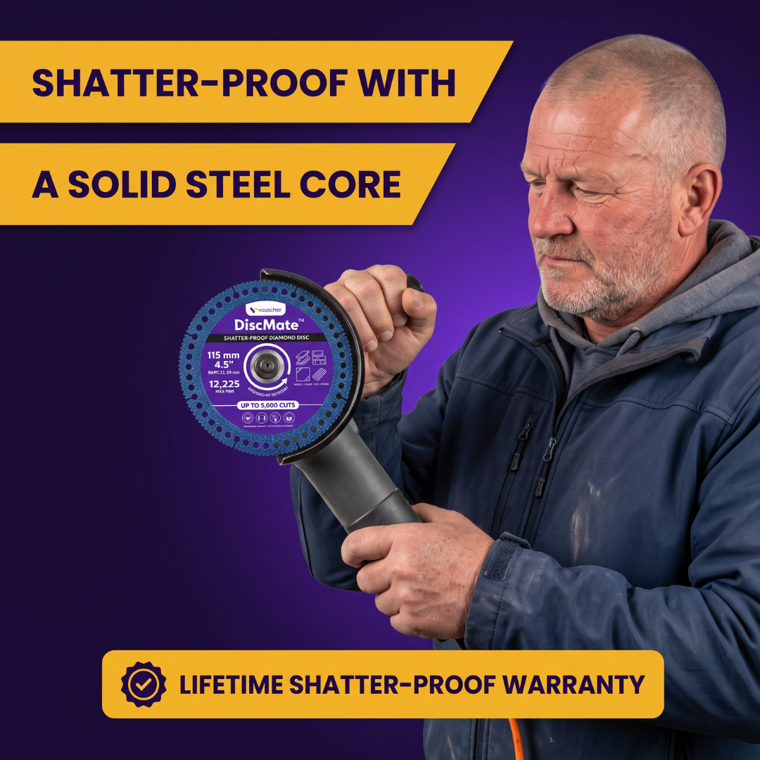 Man cutting with DiscMate on an angle grinder, labelled shatter-proof with a steel core