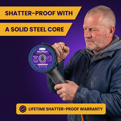 Man cutting with DiscMate on an angle grinder, labelled shatter-proof with a steel core