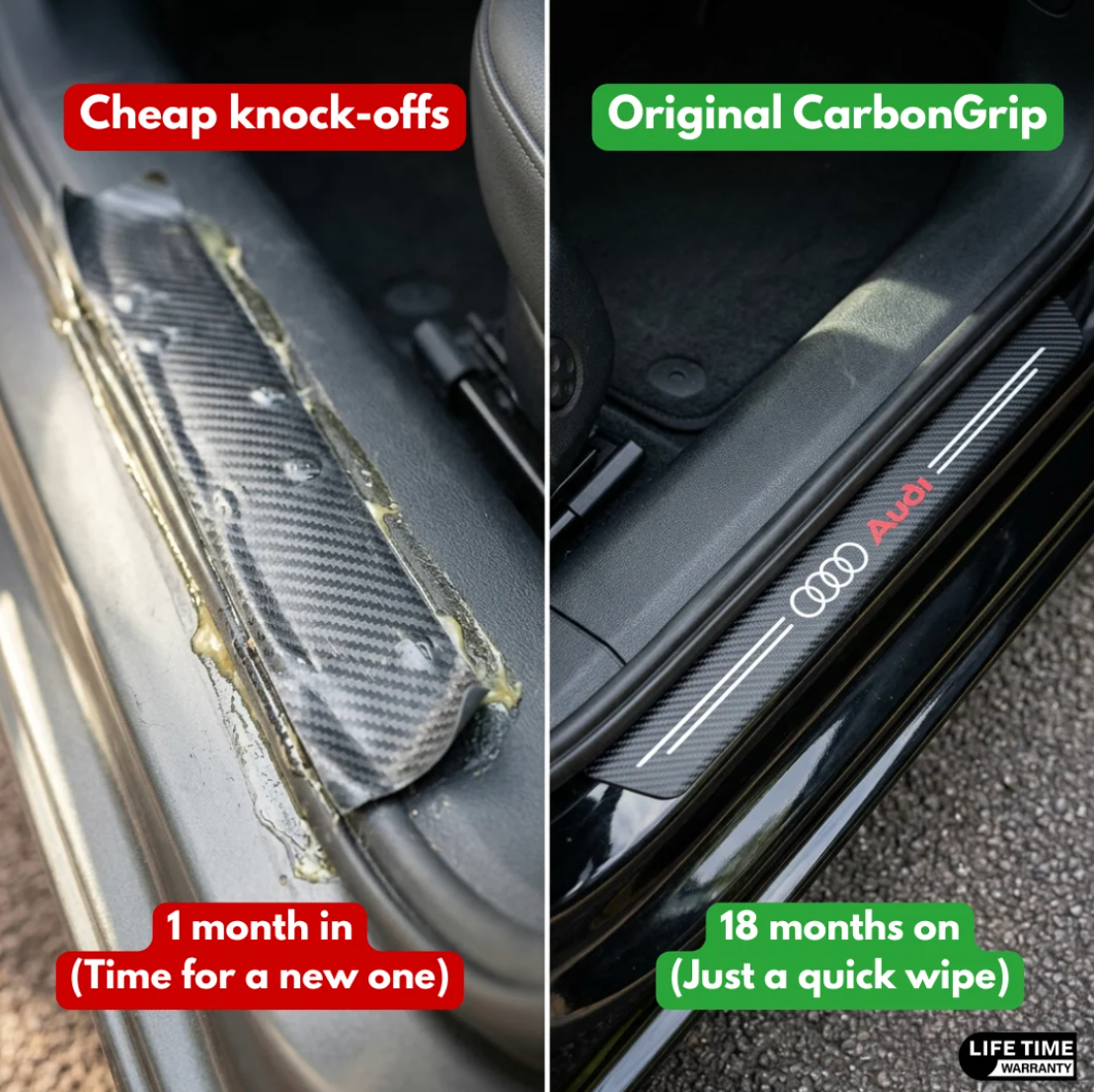 Cheap knock-off sill sticker peeling after 1 month next to an original CarbonGrip PRO still clean after 18 months