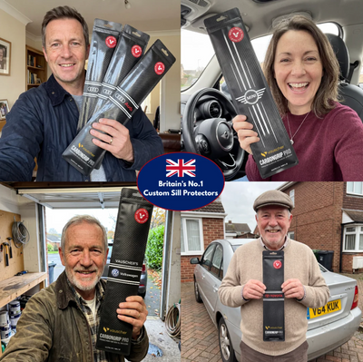 Four UK customers holding CarbonGrip PRO sill protector packs, labelled Britain's No.1 custom sill protectors