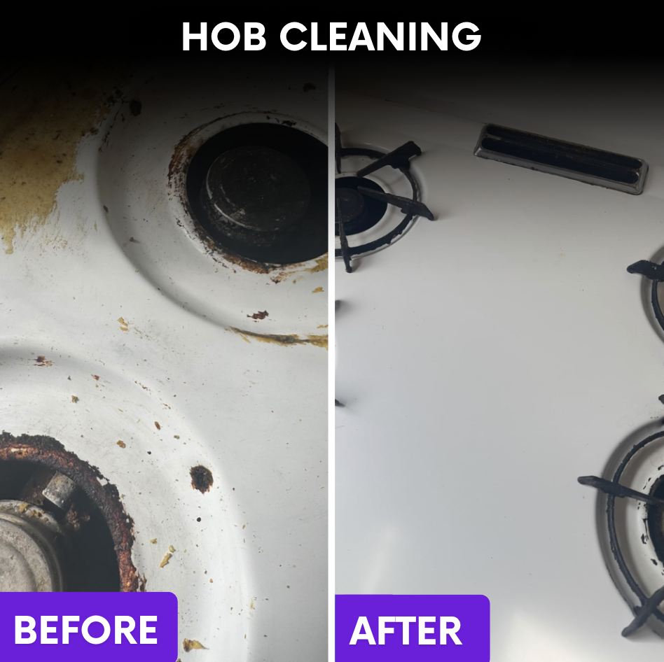 Before and after hob cleaning with the S90 PRO: burnt-on stains around a gas burner removed