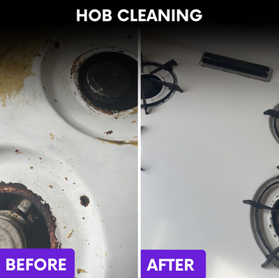 Before and after hob cleaning with the S90 PRO: burnt-on stains around a gas burner removed
