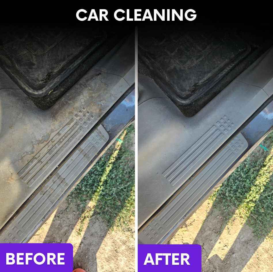 Before and after car cleaning with the S90 PRO: dirty door sill and footwell cleaned