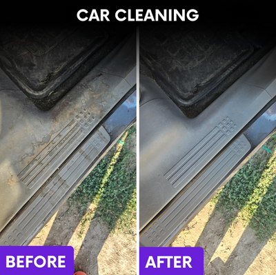 Before and after car cleaning with the S90 PRO: dirty door sill and footwell cleaned