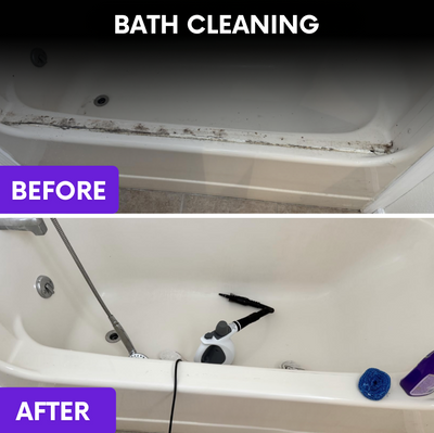 Before and after bath cleaning with the S90 PRO: mould line along a white bath removed