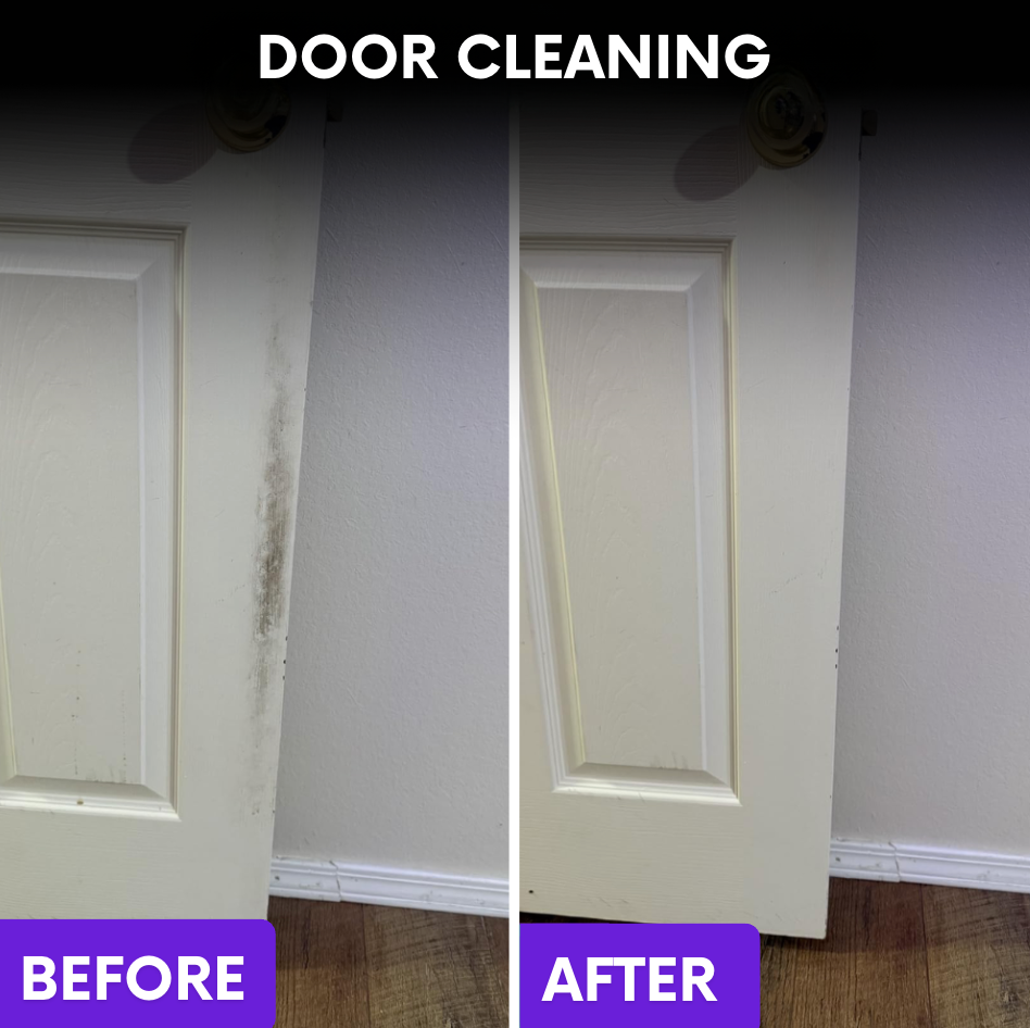 Before and after door cleaning with the S90 PRO: grime removed from a white interior door