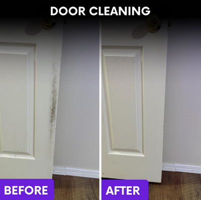 Before and after door cleaning with the S90 PRO: grime removed from a white interior door