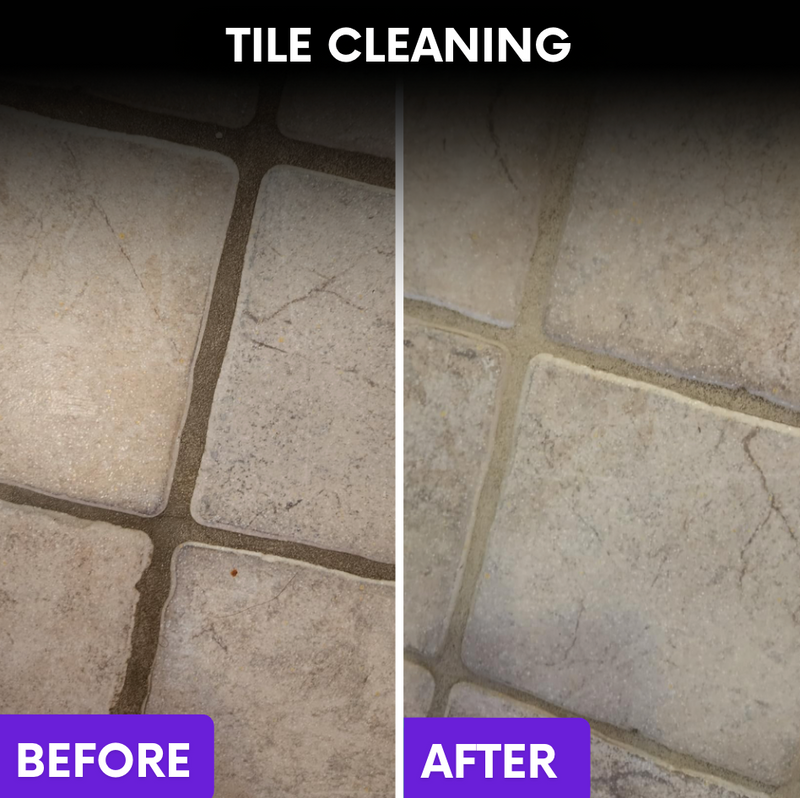Before and after tile cleaning with the S90 PRO: dirty grout lines between floor tiles cleaned