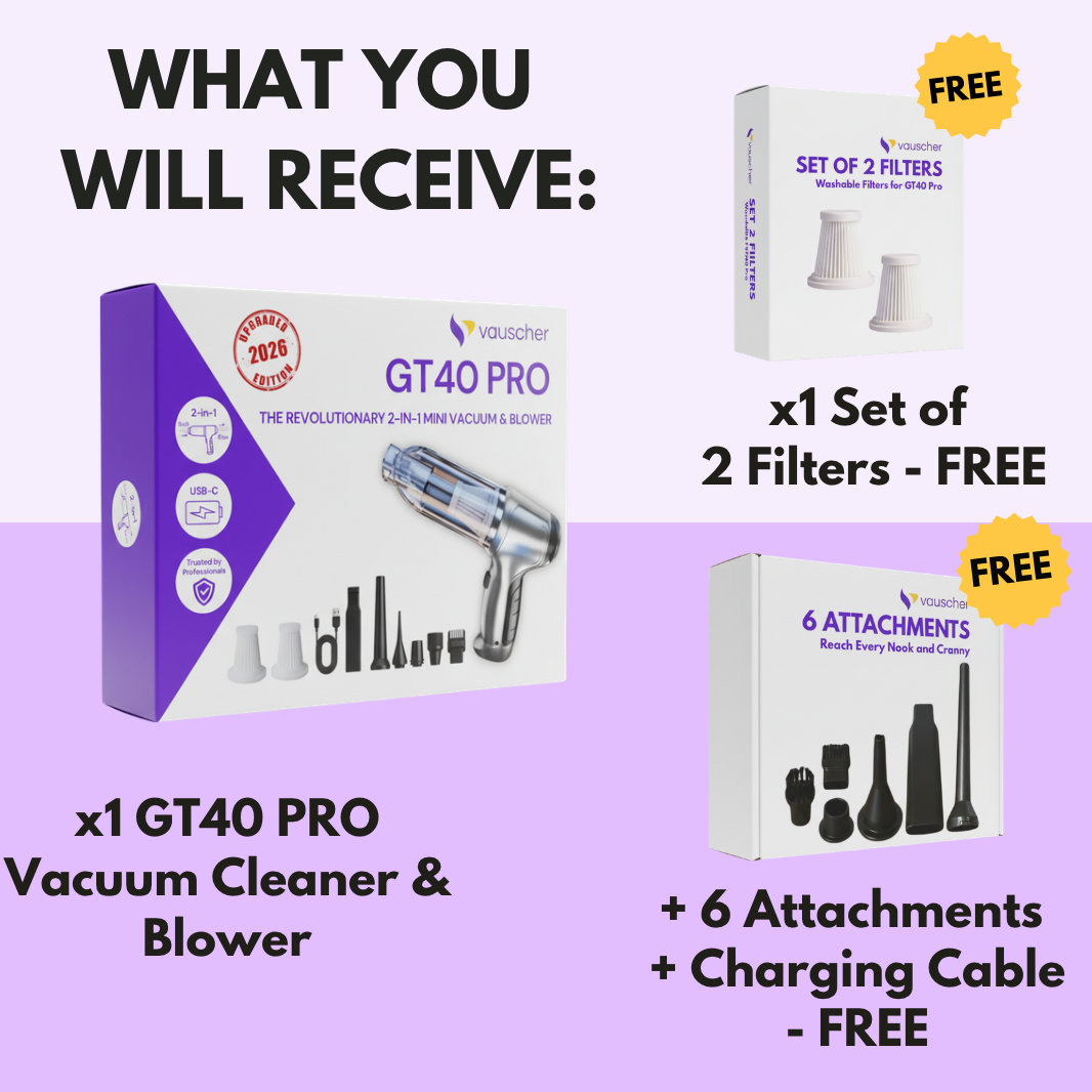 What you receive with the GT40 Pro: cordless car vacuum and air blower, set of 2 HEPA filters, 6 attachments, USB-C cable