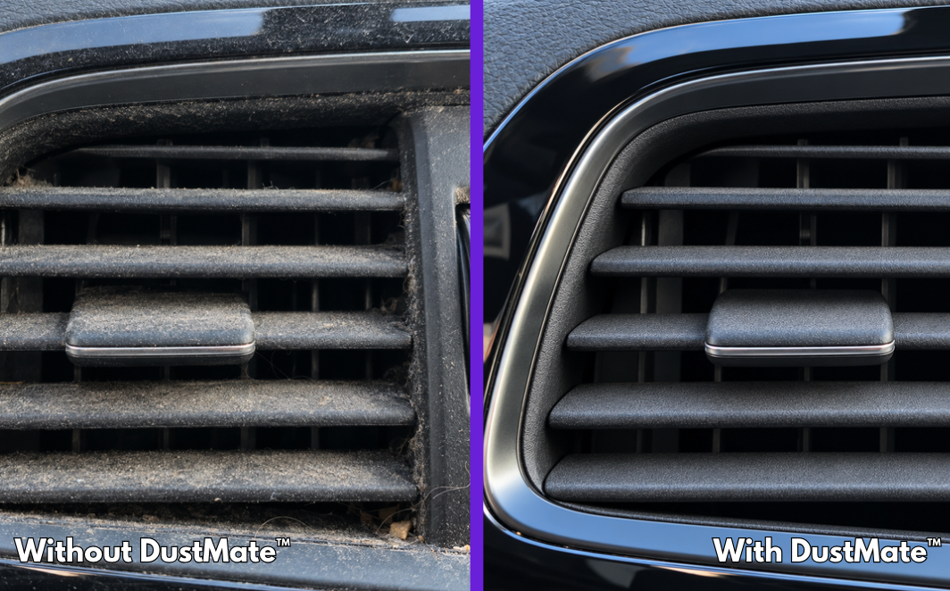 Car air vent before and after cleaning with the DustMate car detailing brush: dusty on the left, clean on the right