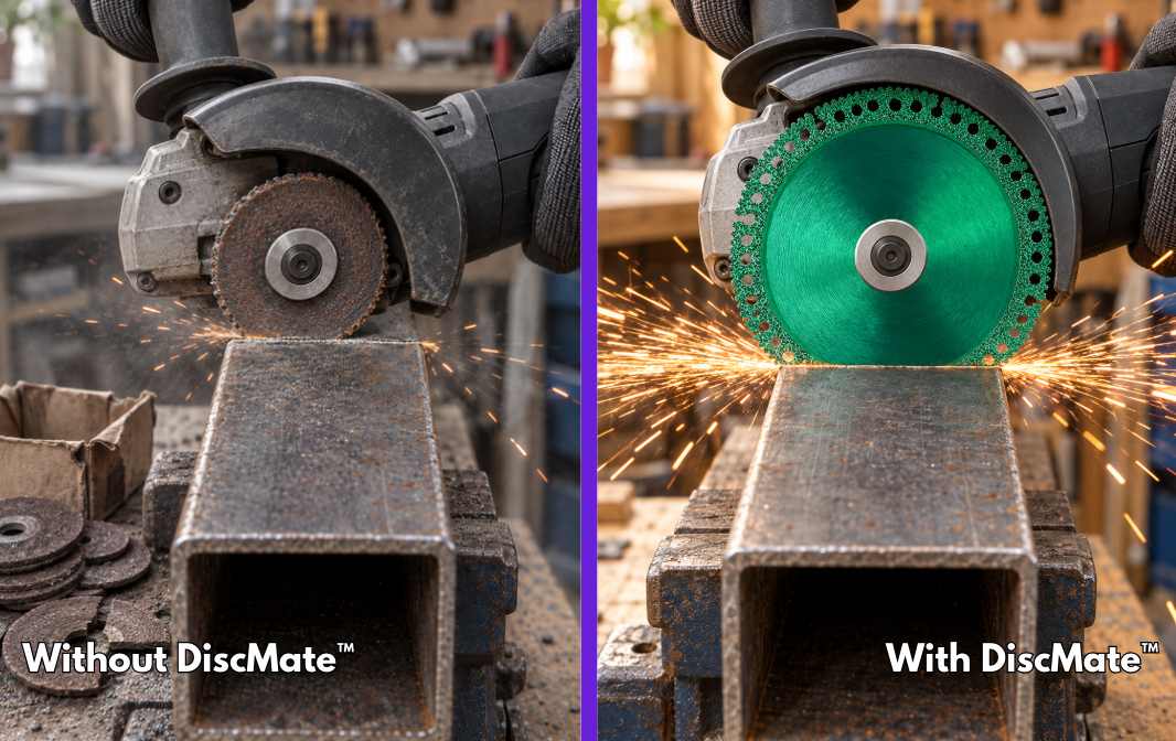 Steel box section cut side by side with an abrasive disc, then with a green DiscMate diamond disc