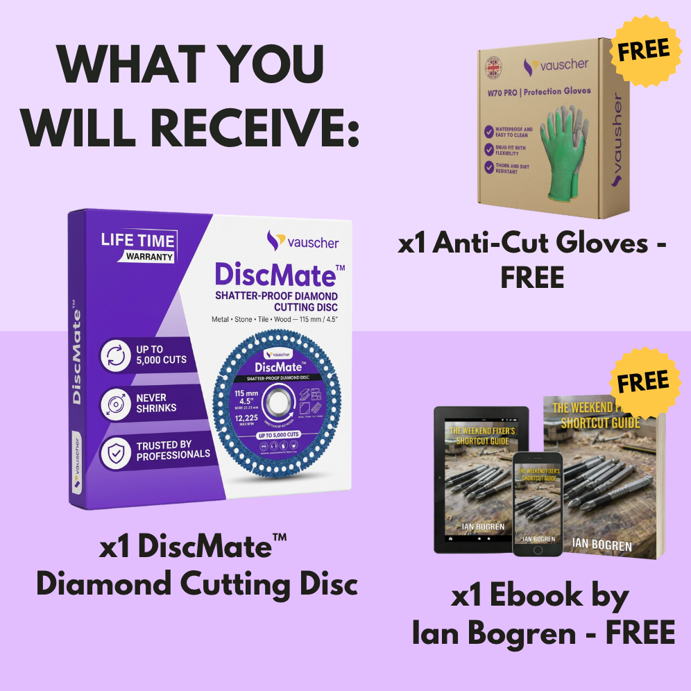 What you will receive: DiscMate diamond cutting disc in its box, a pair of anti-cut gloves and an ebook by Ian Bogren