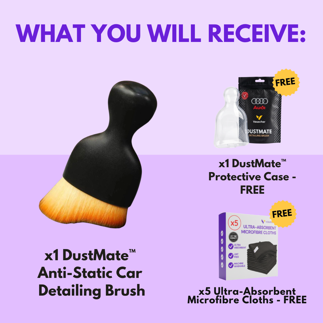 What you will receive: DustMate car detailing brush, DustMate protective case and 5 ultra-absorbent microfibre cloths