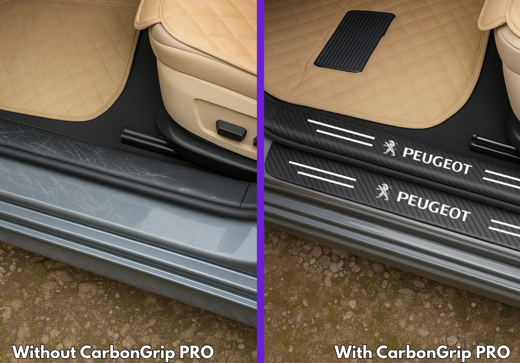 Car door sills without and with CarbonGrip PRO carbon fibre sill protectors with Peugeot logo