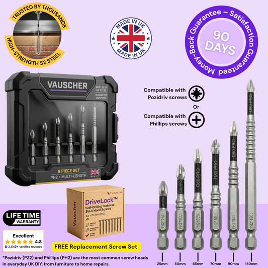 D80 PRO anti-slip screwdriver bit set: case of 6 Pozidriv or Phillips bits up to 150 mm and a free DriveLock screw set