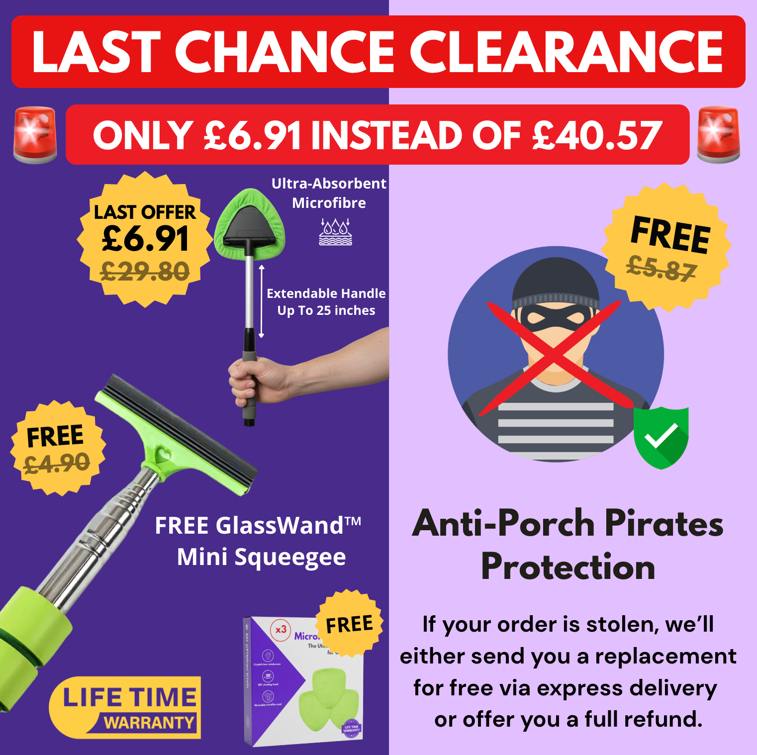 GlassWand™ - Tool for Crystal-Clear Windscreens + GlassWand™ Mini Squeegee + Anti-Porch Pirates Protection