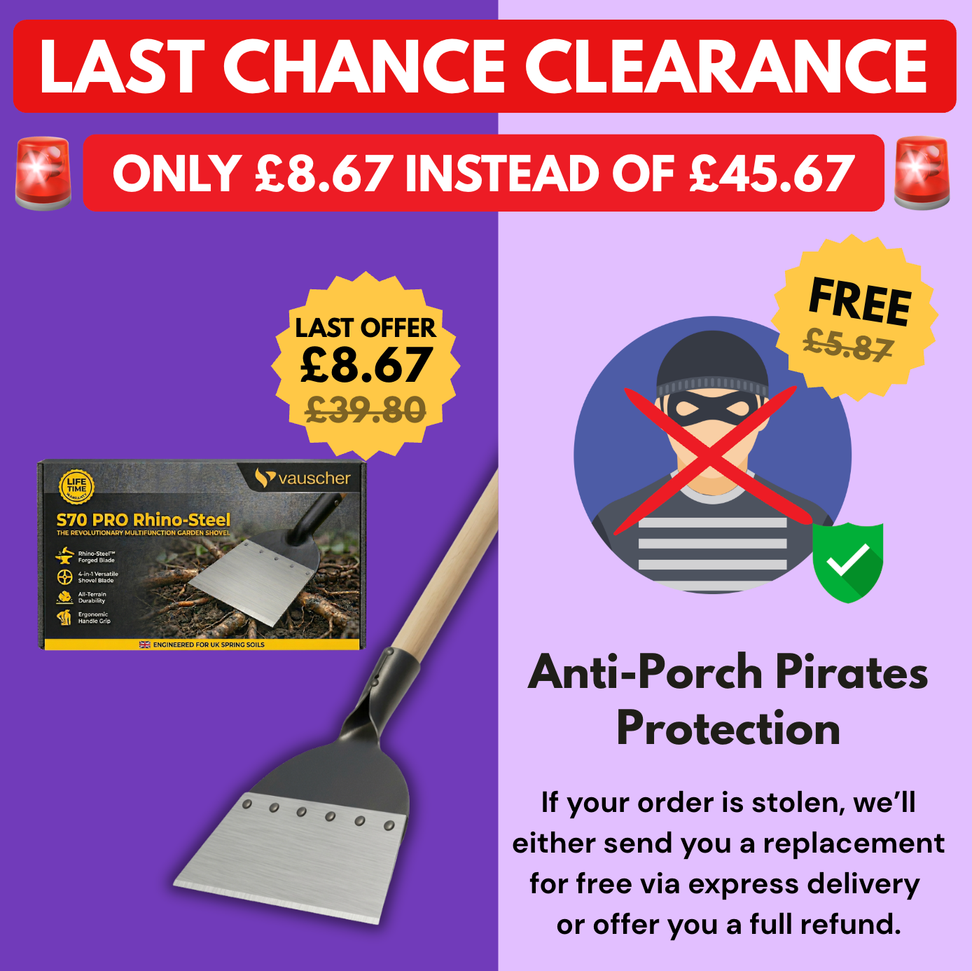S70 PRO Rhino-Steel | Multifunction Garden Shovel + Anti-Porch Pirates Protection