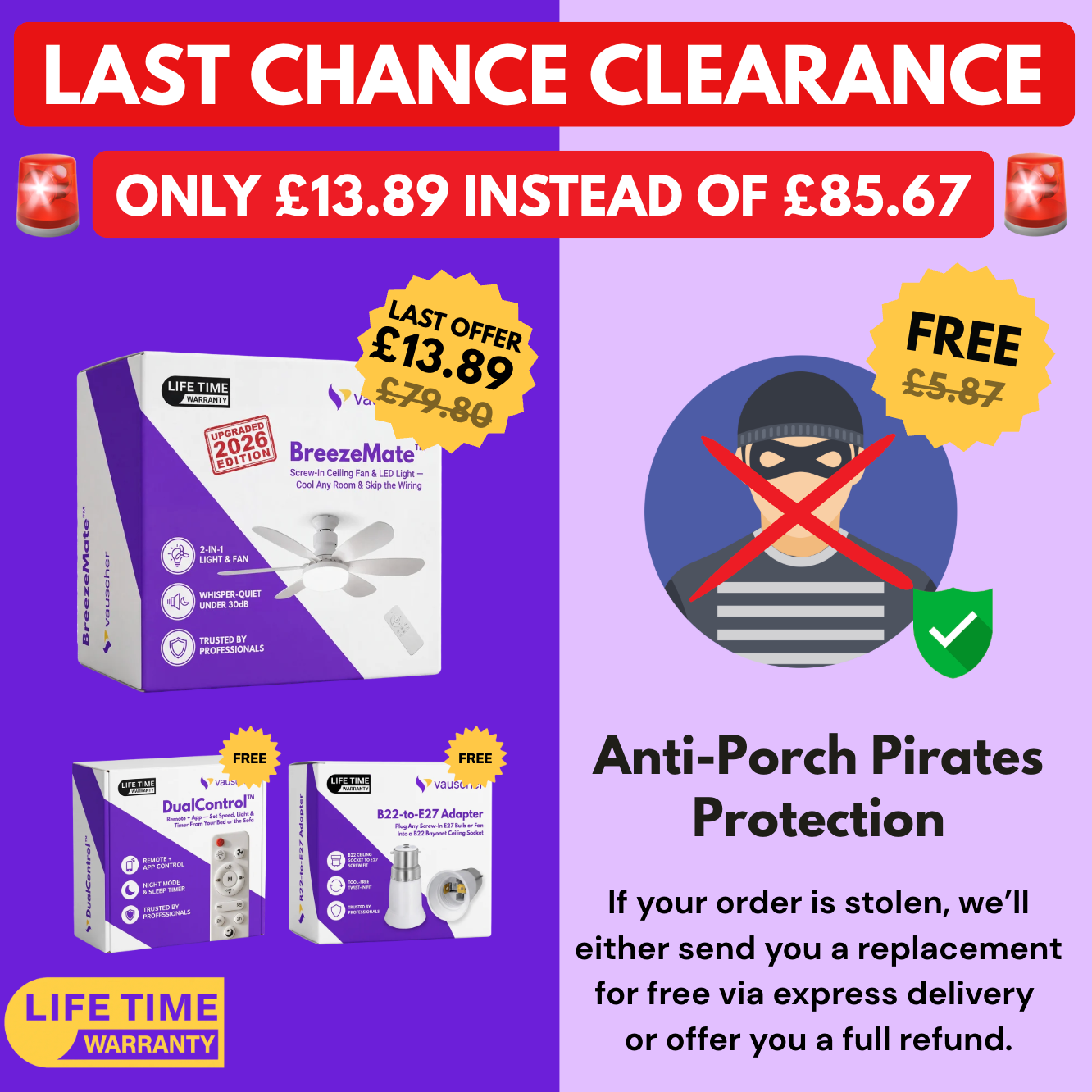 BreezeMate™ | Screw-In Ceiling Fan & LED Light + Anti-Porch Pirates Protection