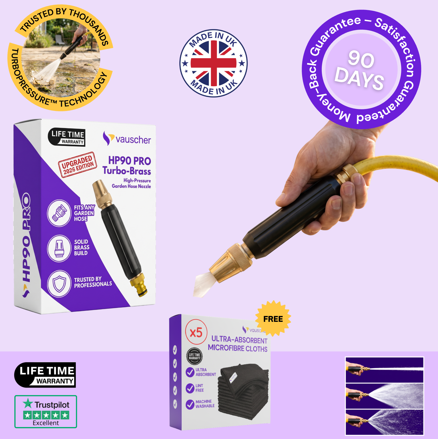 HP90 PRO Turbo-Brass | High-Pressure Garden Hose Nozzle | Trusted by Thousands in the UK