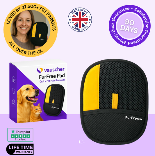FurFree pet hair removal glove with its box, with Made in UK, 90-day guarantee and Lifetime Warranty badges