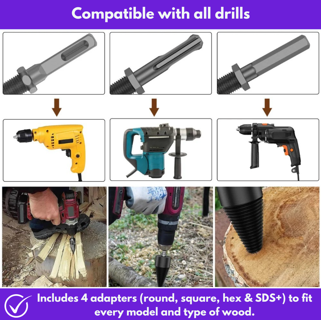 W70 PRO adapters fitted to different drills, labelled 4 adapters: round, square, hex and SDS+