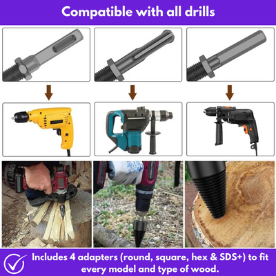 W70 PRO adapters fitted to different drills, labelled 4 adapters: round, square, hex and SDS+