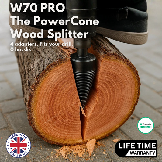 W70 PRO PowerCone wood splitter in a split log, labelled 4 adapters, fits your drill, with a Made in UK badge