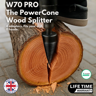 W70 PRO PowerCone wood splitter in a split log, labelled 4 adapters, fits your drill, with a Made in UK badge