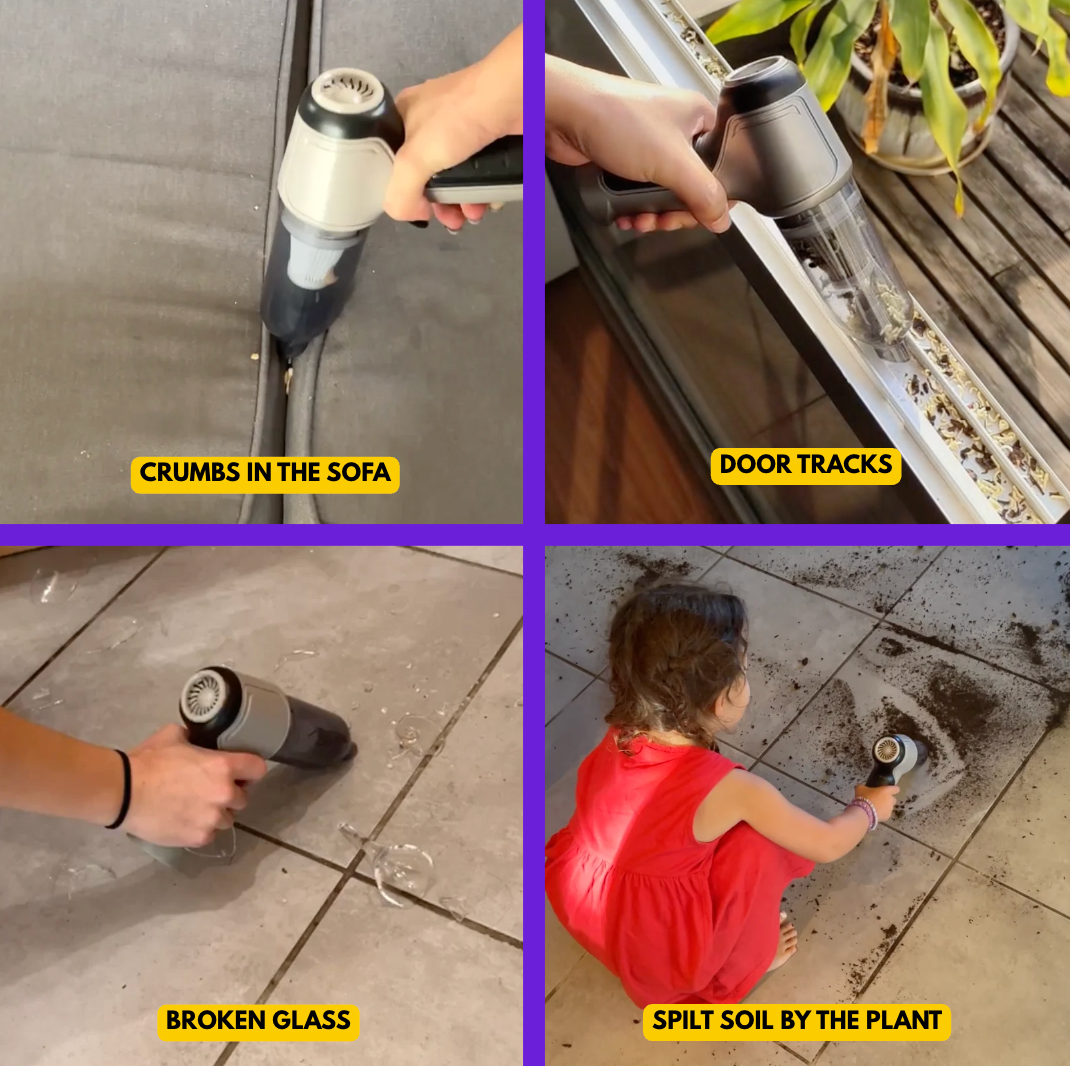 GT40 Pro vacuuming crumbs in the sofa, door tracks, broken glass and spilt soil from a plant